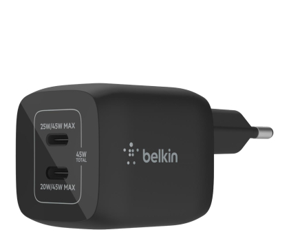 Ładowarka i akumulator BELKIN podwójna ścienna 45W USB-C GAN z PPS czarna WCH011vfBK